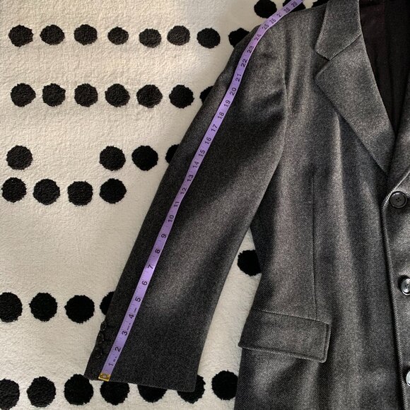 Vintage 90s Union Label Charcoal Herringbone Wool Tweed Overcoat Long Pea Coat - Picture 14 of 16